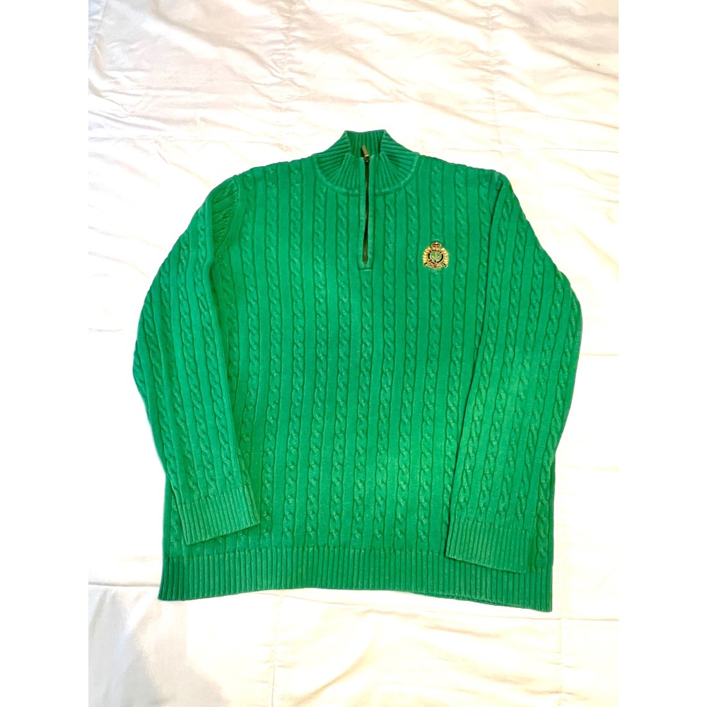 Vintage Lauren Ralph Lauren Green Cable Knit Quarter Zip Crest Pullover Sweater